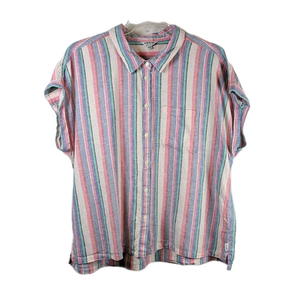 Orvis Cap Sleeve Womens Blouse - Size XXL - Beach Casual Linen Rayon Striped